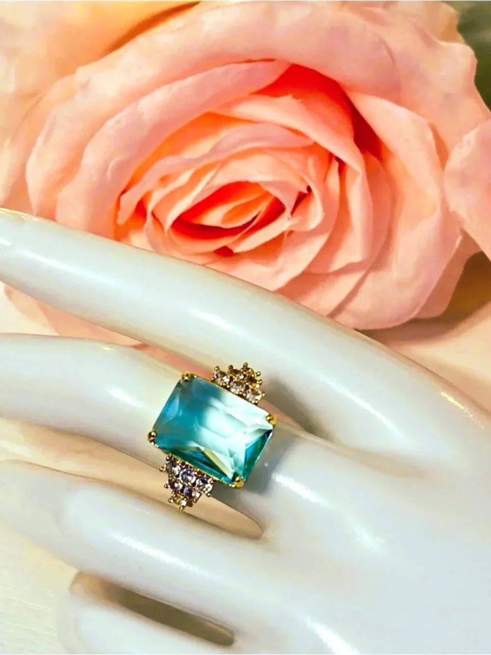 Aqua Emerald Cut Statement Ring – Stainless Steel & CZ - Cocktail Ring